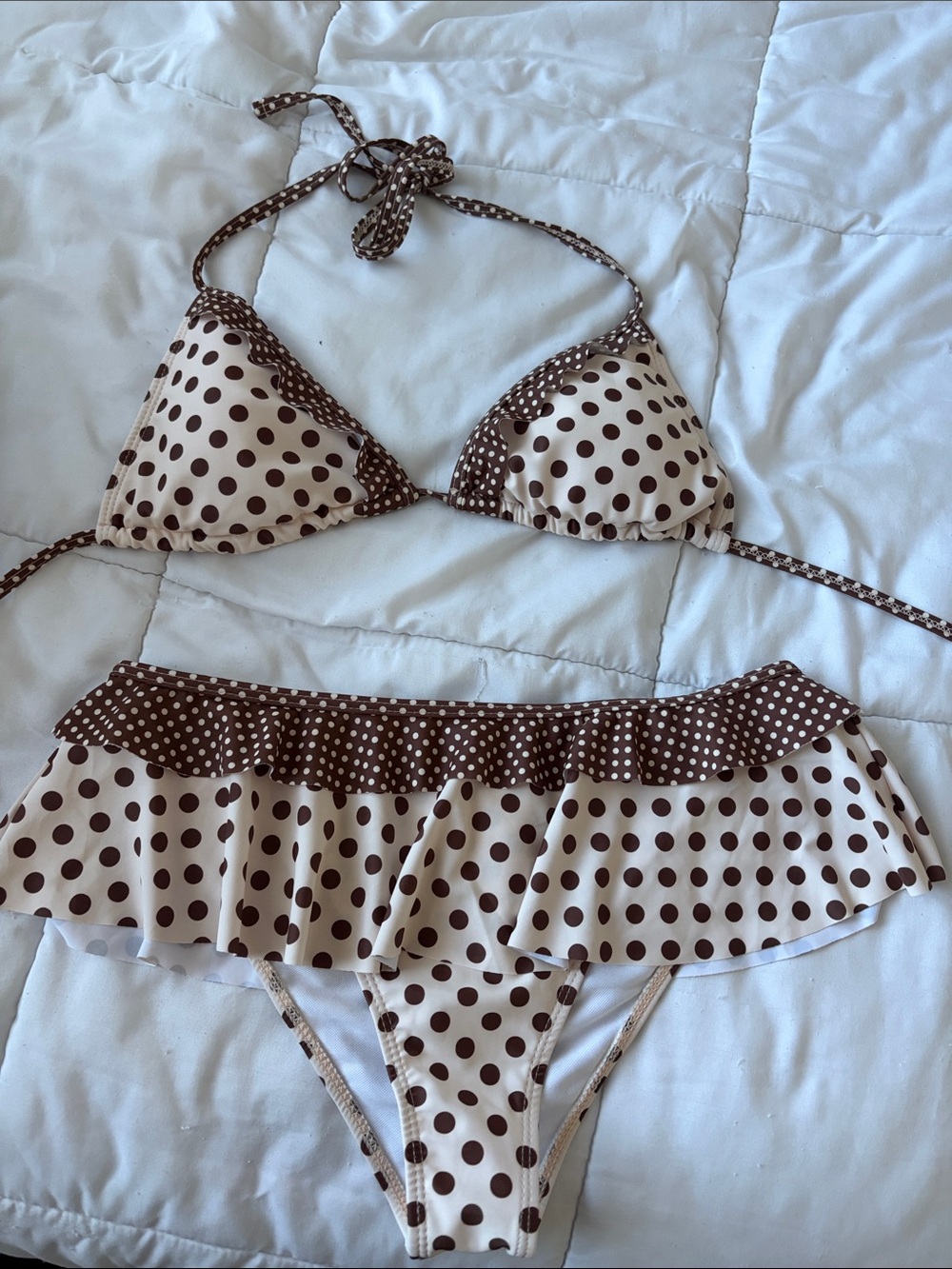 SHEIN Brown & Cream Polka Dot Ruffle Bikini Set